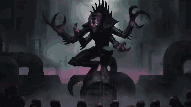 a statue of a demon with many claws is surrounded by a group of skulls