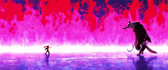 a painting of a man and a giant rat on a pink and blue background