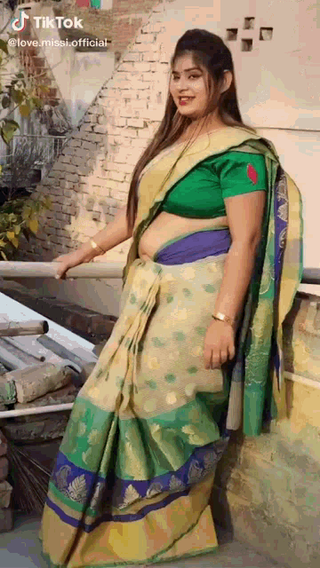 a woman in a saree with a green blouse is standing in front of a brick wall .