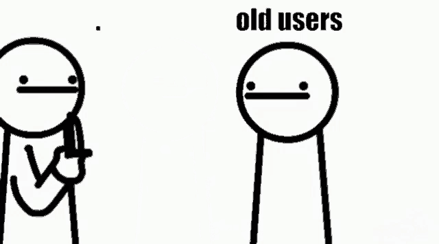 two stick figures are standing next to each other with the words `` old users here , hold this '' written above them .