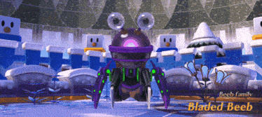 a cartoon character named bladed beeb is standing in a room with other cartoon characters