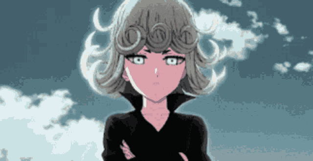 a girl with curly hair stands with her arms crossed in front of a cloudy sky .