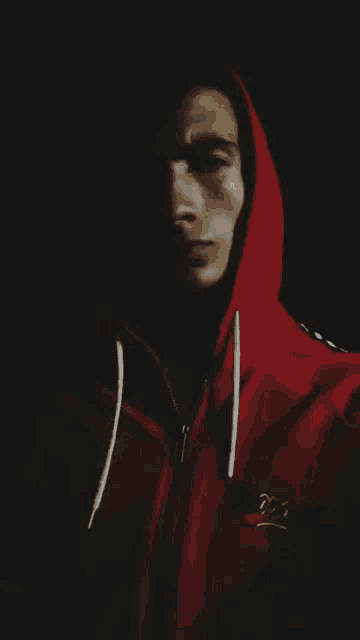 a young man wearing a red hoodie with the word tommy on the front