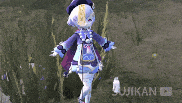 a video game character has a chinese symbol on her head