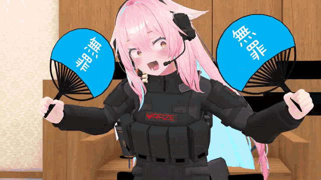 a girl with pink hair is wearing a black vest that says warze on it