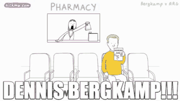 a cartoon of a man sitting in front of a pharmacy with dennis bergkamp written on the bottom