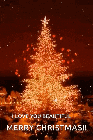 a christmas tree with a star on top of it is lit up and says `` i love you beautiful merry christmas '' .
