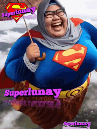 a cartoon of a woman dressed as superman with superlunay written on the bottom