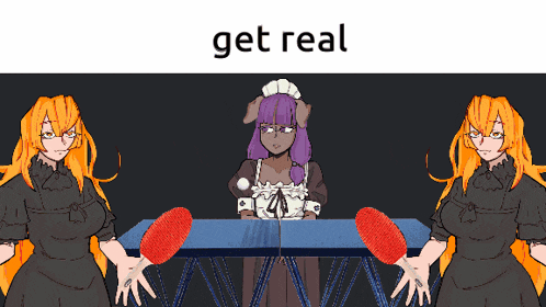 a cartoon of two maids playing ping pong with the words get real above them