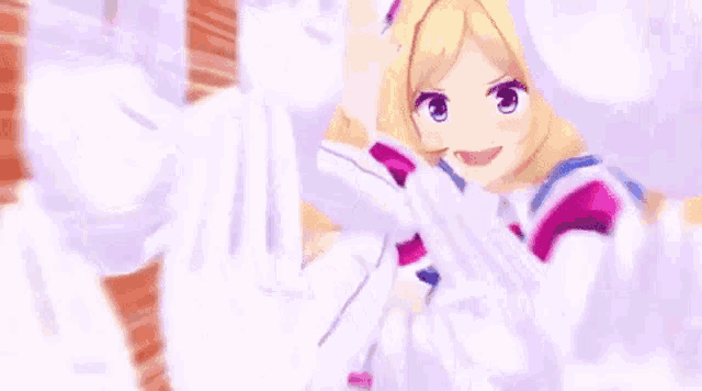 a girl with blonde hair and blue eyes is wearing white gloves and a red bow tie .