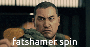 a man in a green jacket with the words fatshamer spin written below him