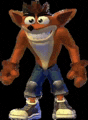 crash bandicoot is a cartoon character from the video game crash bandicoot standing in front of a black background .