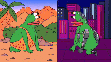 a cartoon of a frog in a bikini and a frog in a robotic suit