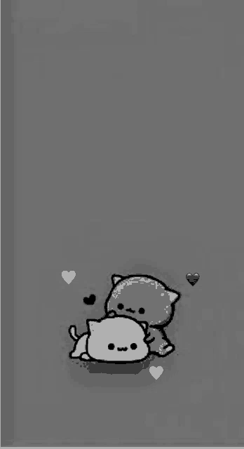 a black and white drawing of two cats on a gray background with hearts .
