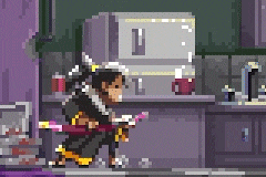 a pixel art illustration of a person holding a sword