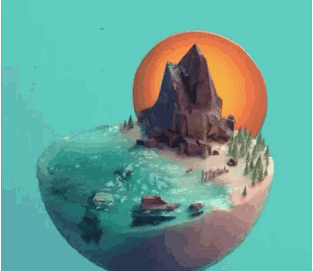 a 3d rendering of a small island with a mountain in the background