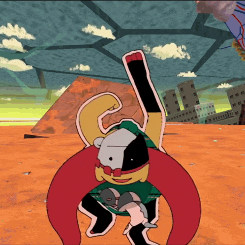 a cartoon character with a green shirt and a red cape is standing in the desert
