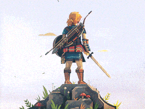 a cartoon character with a sword and bow stands on a rock