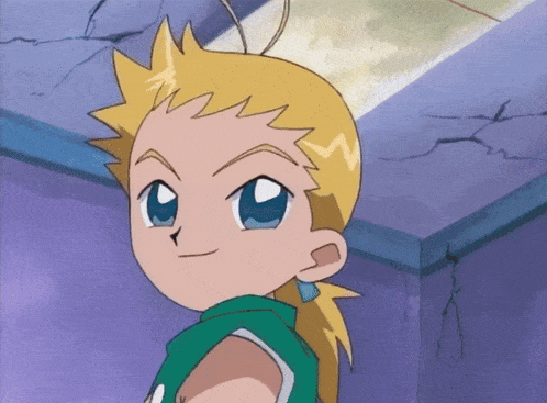 a cartoon character with blonde hair and blue eyes is smiling