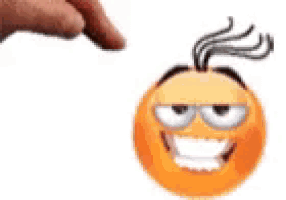 a person is pointing at an orange smiley face with a mohawk .