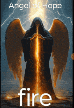 an angel of hope is holding a sword in front of a lightning strike