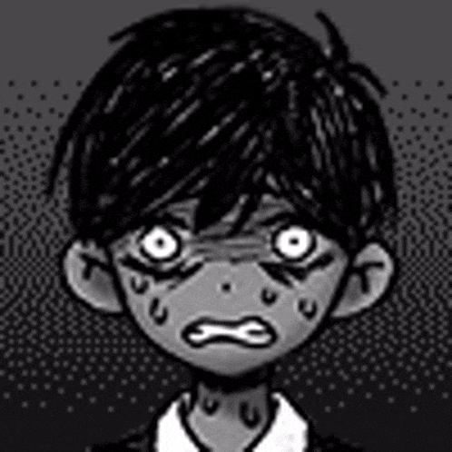 a black and white drawing of a boy with a scary face and tears coming out of his eyes .