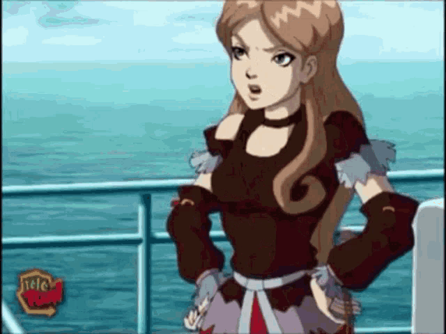 a cartoon of a girl standing on a boat with a teletoon logo in the corner
