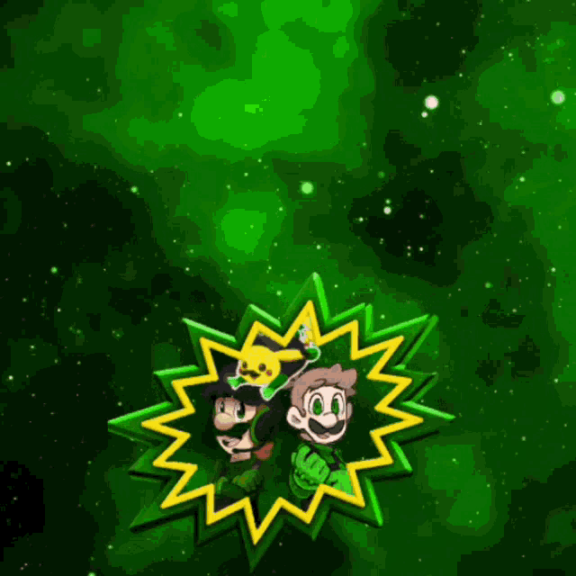 a green star with two cartoon characters in the center