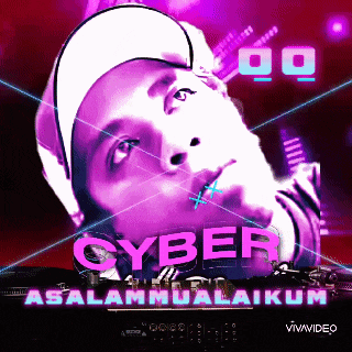 a poster of a man with headphones and the word cyber on it