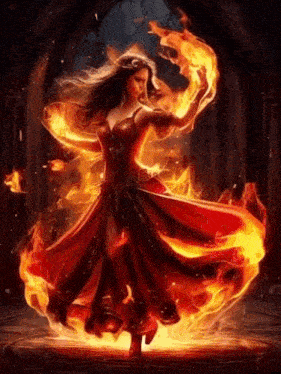 a woman in a red dress is surrounded by flames and is dancing .