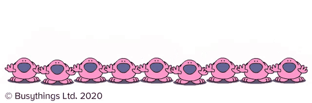 a bunch of pink cartoon characters standing in a row
