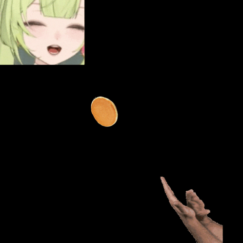 a person is throwing a pancake in the air with a girl in the background