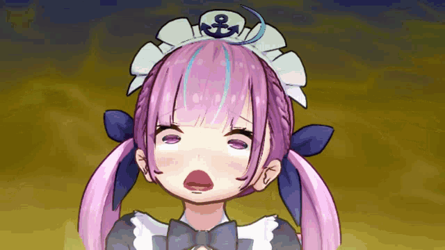 a girl with purple hair is wearing a maid outfit with an anchor on it