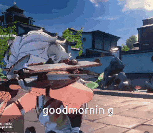 a video game character is holding a sword and says good morning g