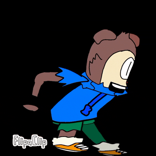 a cartoon character wearing a blue hoodie and green shorts