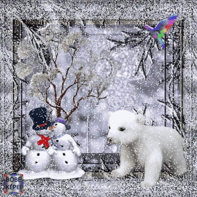 a picture of a polar bear standing next to a snowman and a tree
