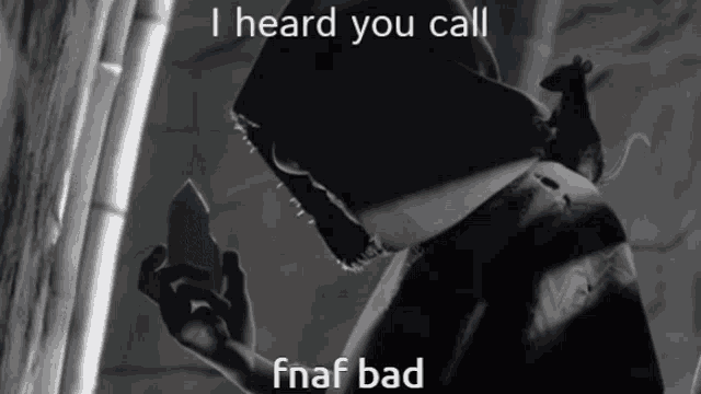 a black and white photo of a person with a rat on their back and the words i heard you call fnaf bad