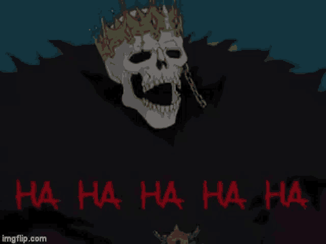 a skull with a crown on it is laughing .
