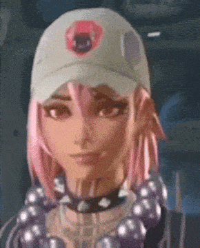 a cartoon girl with pink hair and a hat is wearing a choker .