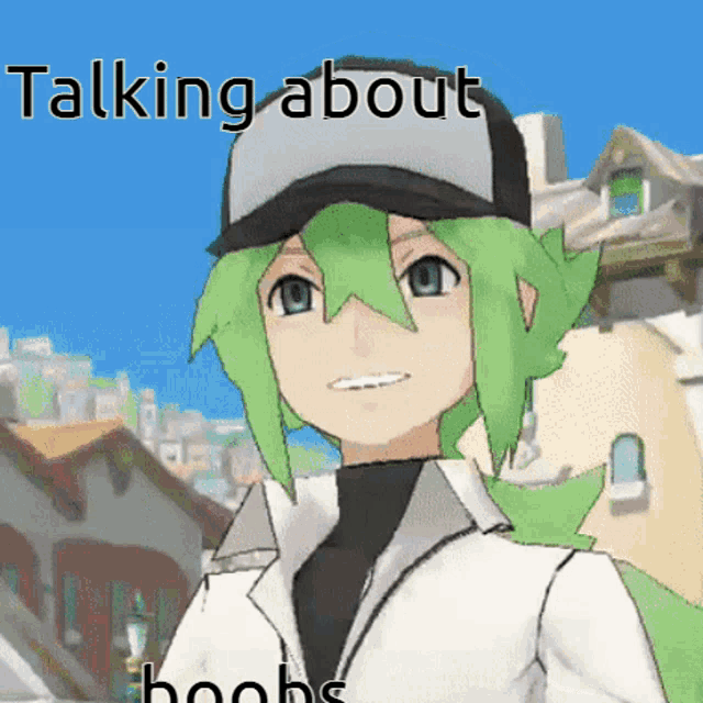 a cartoon character with green hair is wearing a baseball cap and talking about boobs