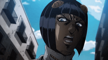 a close up of a cartoon character 's face with buildings in the background