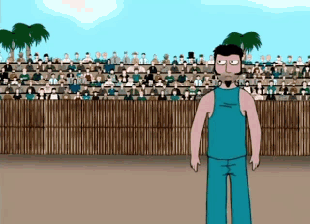 a man in a blue tank top is standing in front of a crowd of people