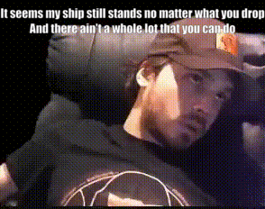 a man wearing a hat with the words " it seems my ship still stands no matter what you drop " written on it