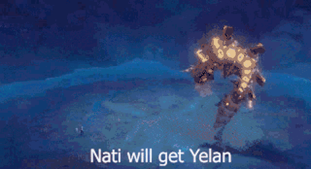 a close up of a person holding a sword with the words nati will get yelan written on the bottom