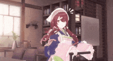 a girl in a maid costume is holding a baby in a room .