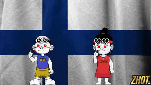 a boy and a girl are standing in front of a finland flag and the girl is wearing a shirt that says zhot