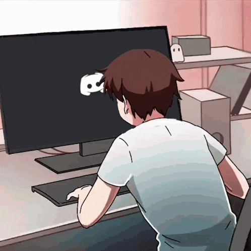 a cartoon of a person looking at a computer screen with the discord logo on it