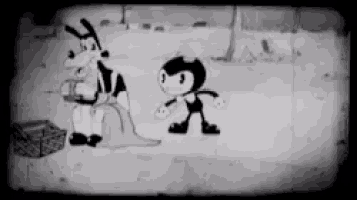 two cartoon characters are standing next to each other in a black and white image .