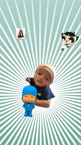 a baby is holding a blue pocoyo and a cartoon character with the letter a above them