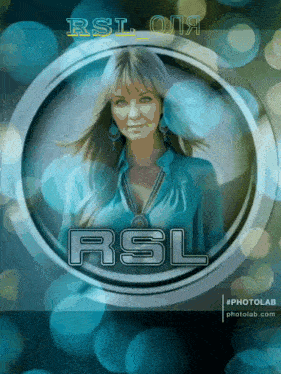 a woman in a blue shirt is in a circle with the word rsl on it